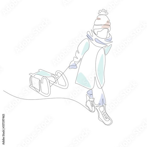Vector illustration of a girl with a sled drawn in the style of line art