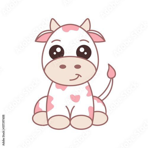Cute pink strawberry cow. Funny animal cartoon character. Cow sitting and smiling. Baby cow with pink spots. Vector Illustration flat, clip art. Kids calf doodle drawing with outline. White background