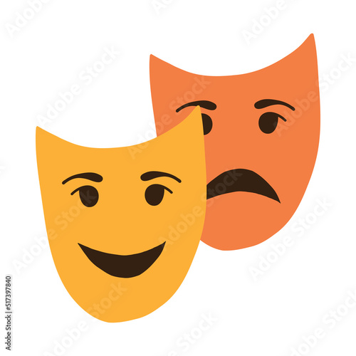 Comedy and tragedy theater masks. Drama and comic masks as a symbol of acting, theater, perfomance or psychological disorder. Hand drawn vector illustration in flat style isolated on background.