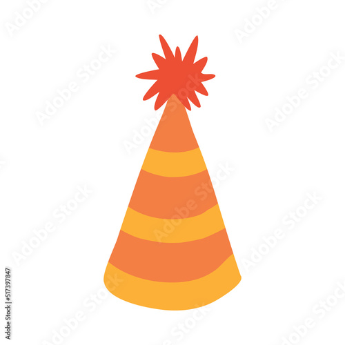 Birthday party hat in bright color with star above. Party cone and Christmas cap with cute decoration. Hand drawn vector illustration clipart in doodle style isolated on white background.