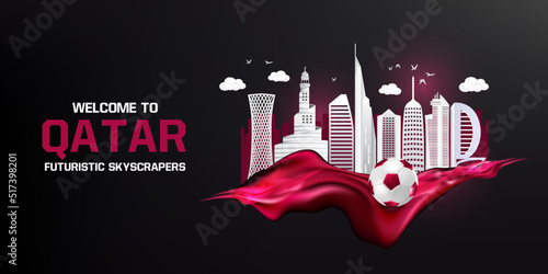3d Realistic Qatar Doha skyline with silhouette of the city modern Futuristic and football soccer illustration abstract vector banner background