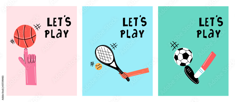 Cute cartoon Basketball, Tennis, Football print. Hand drawn illustration. Cute cartoon Basketball, Tennis, Football print. Hand drawn illustration.