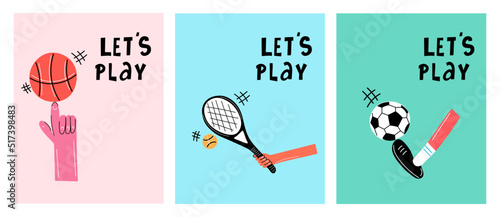 Cute cartoon Basketball, Tennis, Football print. Hand drawn illustration.