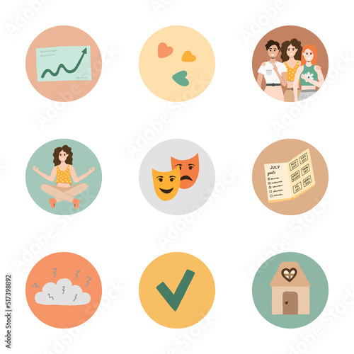 Cute highlights for different social media, bloggers and companies about work-life balance, harmony, choice between home, friends, entertainment and career, money, job. Vector hand drawn cliparts.