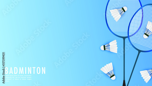 Badminton racket with white badminton shuttlecock on blue background badminton court indoor badminton sports wallpaper with copy space  ,  illustration Vector EPS 10