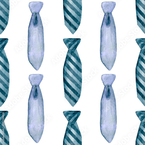 Watercolor seamless pattern with neckties on Father's Day in blue colors on white background. For various products etc. 