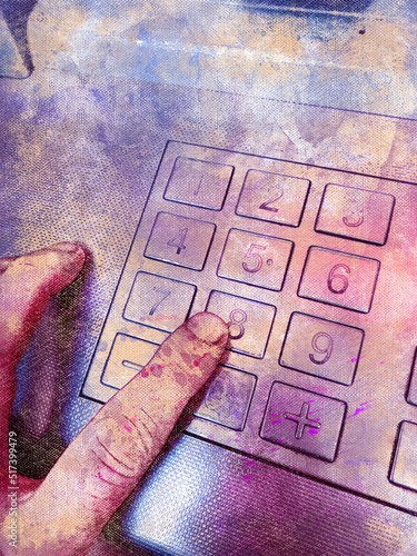 ATM keypad. A man enters a numerical code. Banks and Finance. Digital watercolor painting. Canvas texture