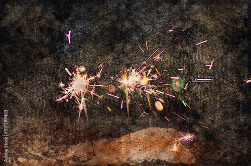 Romantic nighttime background with sparks. Beach sand at night with sparklers. Sparks of bright Bengal lights burning on the beach. Digital watercolor painting. Canvas texture