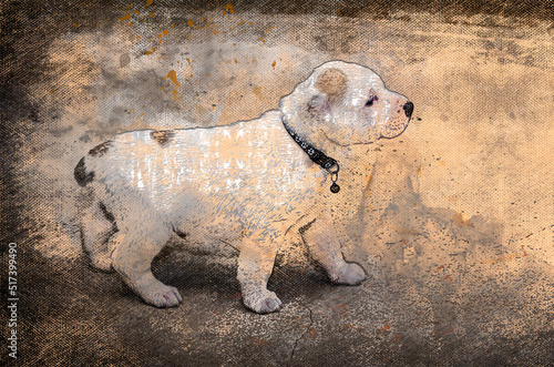 Portrait of little dog puppy. Puppy of Alabai or Central Asian shepherd. Digital watercolor painting. Canvas texture