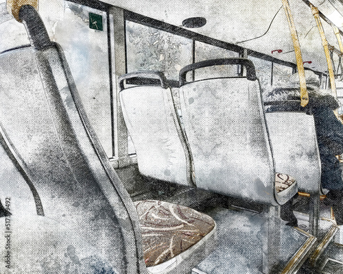 City bus interior, public transport concept. Adult woman riding the bus, sitting at the back facing forward. Digital watercolor painting. Canvas texture