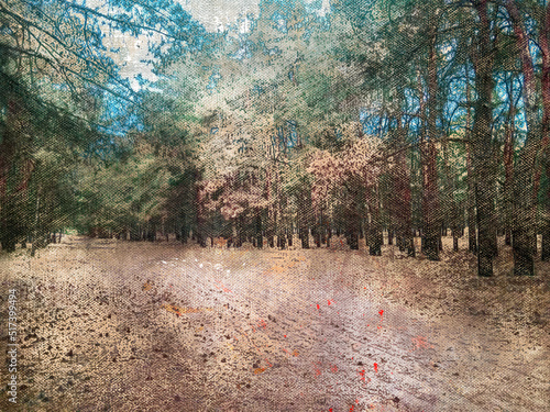 A road in a coniferous forest. An empty wide road among the tall trees.  Digital watercolor painting. Canvas texture
