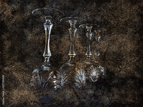 Empty crystal glasses in a row. Upside-down champagne or wine glasses on a dark background. Digital watercolor painting. Canvas texture