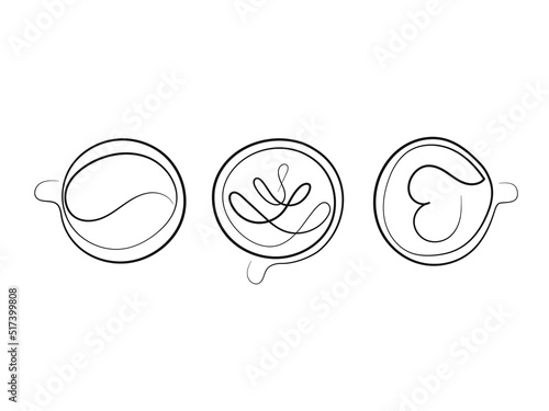 three cups of coffee with patterns, line art, top view