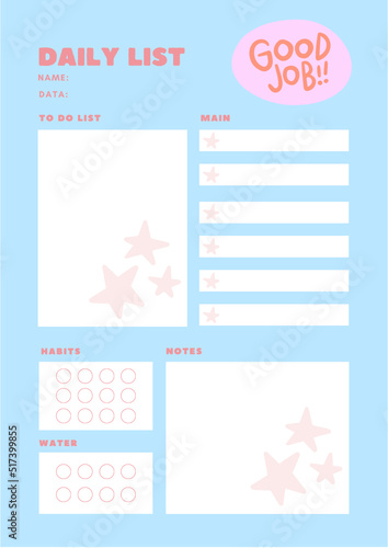 Cute blue doodle daily planner. Daily note planners. Weekly schedule, to do list, note paper or organizer sheets, habits, water tracker 