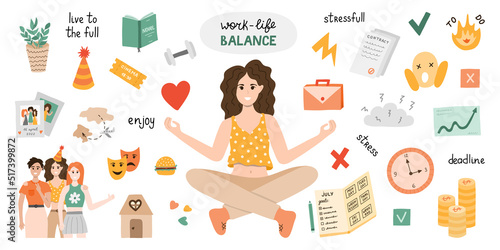 Work–life balance vector set with lettering and clipart. Woman sits in yoga lotus position, balances between life and work. Comparison between home, friends, love and career, money, finances, job. photo
