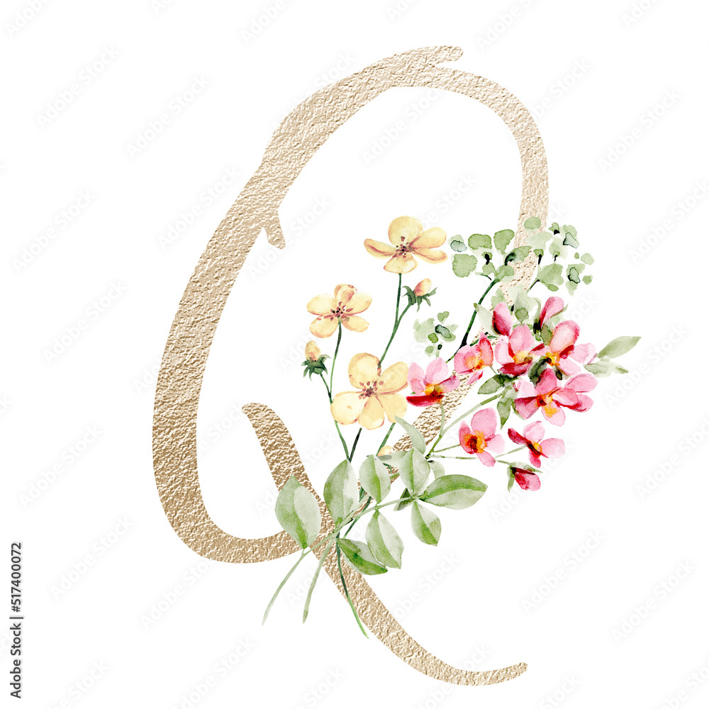 Floral alphabet, letter Q with watercolor flowers and leaf. Monogram