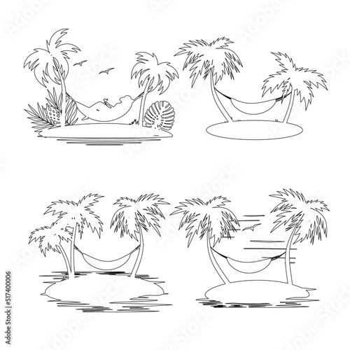Palm trees and a hammock on the island. Vector illustration. Contour. Set.