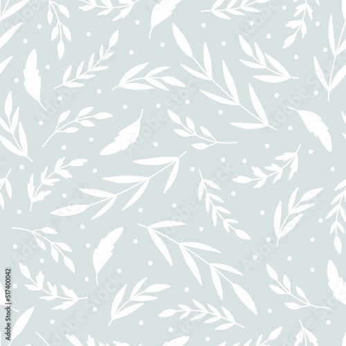 Vector seamless pattern with white leaves and branches on grey background