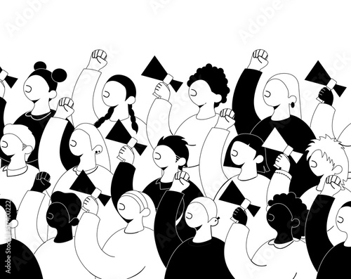 Crowd of protesters with fists in the air and megaphones at a demonstration. Black and white flat vector illustration