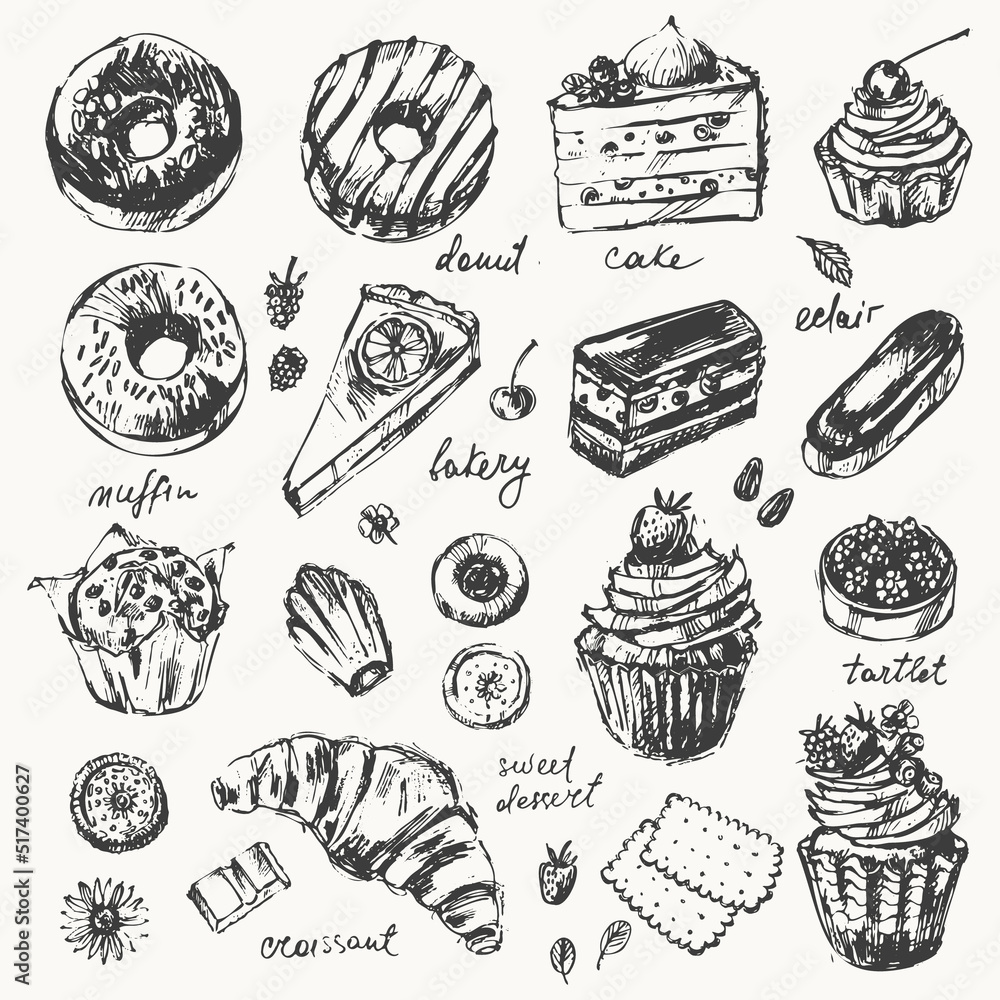 Hand drawn sketch of pastry dessert cake, muffin, donut, waffle, eclaire, croissant, cupcake, tart, biscuit
