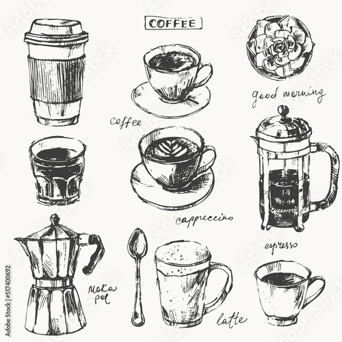 Hand drawn sketch of coffee cups, cooffee pot, moka pot, takeaway paper cup, latte, espresso, cappuccino, spoon