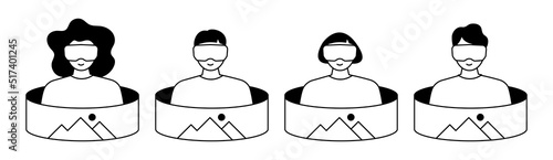 People wearing virtual reality glasses. Icon set.