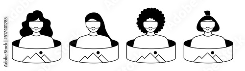 People wearing virtual reality glasses. Icon set.
