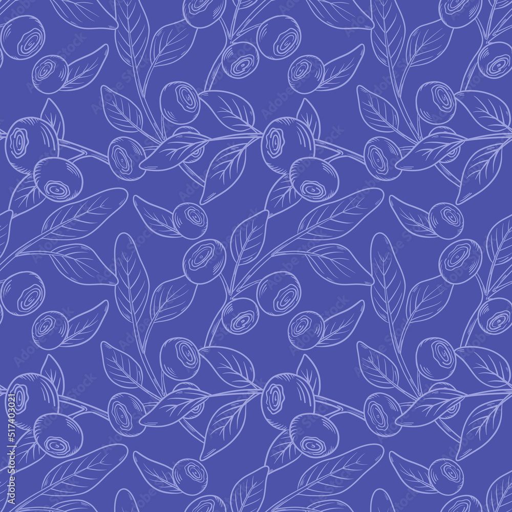 Vector pattern with blueberries. Blueberry berries with twigs of leaves in a hand-drawn style.