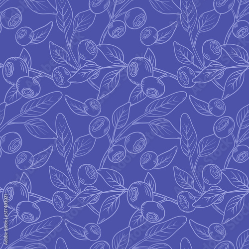 Vector pattern with blueberries. Blueberry berries with twigs of leaves in a hand-drawn style.