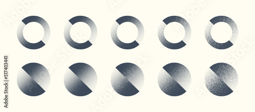Abstract Shifted Circles Hand Drawn Retro Dotwork Art Vector Set In Different Variations Isolated On Light Background. Various Degree Black Noise Stipple Dots Figures Design Element Texture Collection
