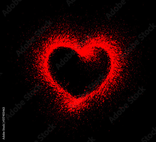Red heart with splatter glow on black background. Passionate heart symbol. Love heart for sex shop, condoms logo, valentines day postcard, T-shirt print gift for beloved. Vector illustration.