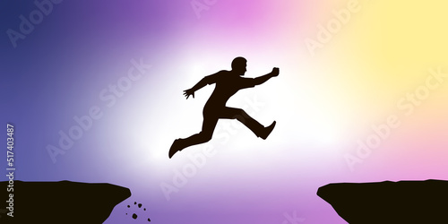Silhouette of Man jumping across the Mountains. Vector Illustration.