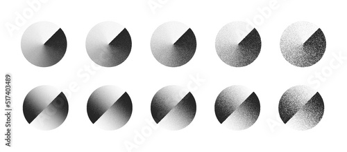 Clockwise Gradient And Shifted Circle Abstract Shapes Vector Set In Different Variations Isolated On White Background. Various Degree Black Noise Dotted Figures Design Elements Texture Collection