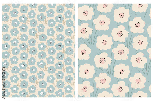 Simple Hand Drawn Irregular Floral Seamless Vector Patterns. Cute Abstract Flowers on a Mint Green and Light Beige Background. Infantile Style Abstract Garden Vector Print Ideal for Fabric.
