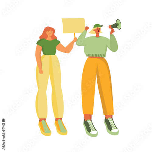 A young woman shouts through megaphones, supporting the protests against the background of discontented people protesting. Flat design colorful illustration isolated on white.
