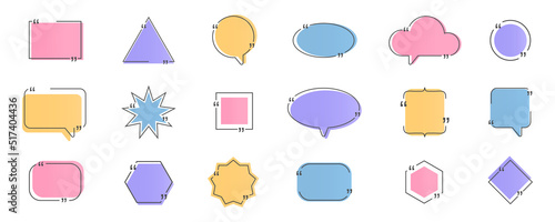 Quote color bubble set. Line text frame. Quotation title banner. Social media chat. Headline speech border. Text box template. Reference note information. Business talk. Blog form. Vector illustration