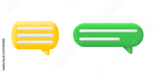 Speech bubble 3d render. Quote sign. Color text box. Message tag balloon. Social media live chat shape. Dialog frame. Speak cloud icon. Business concept. Support and comment. Vector illustration