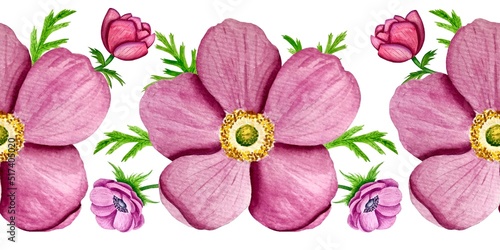 Watercolor seamless boarder with anemone flowers 