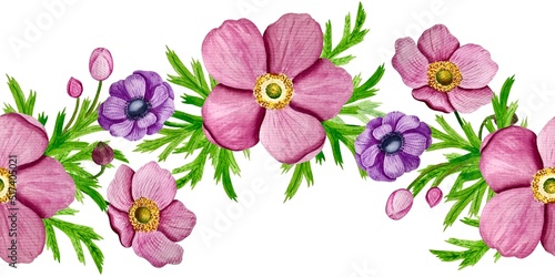 Watercolor seamless wave-shaped boarder with anemone flowers 