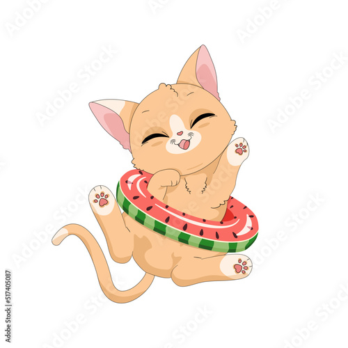 Uroczy mały rudy kotek w kole do pływania. Wektorowa ilustracja zadowolonego, rozbawionego kota. Słodki, zabawny zwierzak. Letnia, wakacyjna ilustracja. 