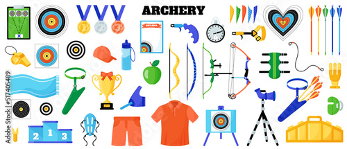 Archery sport equipment set. Bow  arrow  target  string  glove  belt  protection etc. Summer games