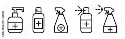 Set of antiseptic spray and soap bottle icons. Medic covid virus, hand protection, sanitizer for hygiene. Black vector illustration.