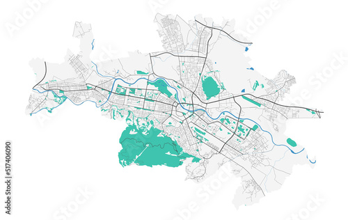 Skopje vector map. Detailed map of Skopje city administrative area. Cityscape panorama illustration. Road map with highways, streets, rivers.
