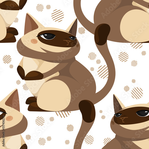 Vector seamless pattern with big funny disgruntled cat and decorative graphic stains on white background. Fat brown pet with folded paws and rolled up eyes. Card. Childish textile design flat element.