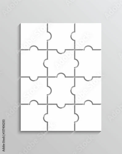 Jigsaw outline grid 4x3 elements. Puzzle with 12 pieces. Portrait orientation. Modern puzzle background. Thinking game with separate shapes. Simple mosaic layout. Laser cut frame. Vector illustration.