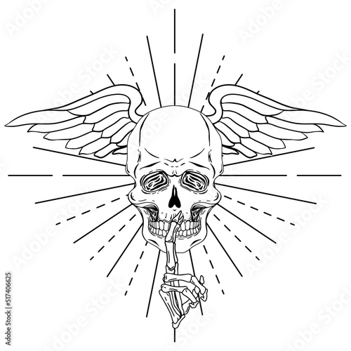 Shuhing skull. Hand drawn vector skull with wings and shushing skeleton hand isolated on white background. Monochrome. Tatoo. Poster. Vintage.