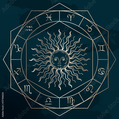 Hand drawn vector illustration in gold color on deep emerald background. Occult symbols of moon, sun, stars and clouds. Celestial esoteric magic symbols. Vector templates. Moon pagan. Wicca moon