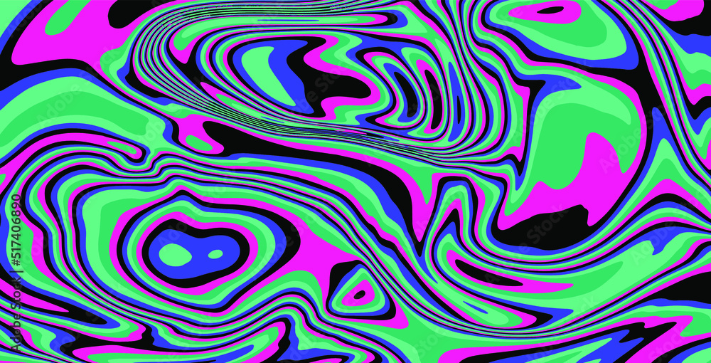Abstract op-art trippy background with warped colorful lines. Trippy 70s style illustration.