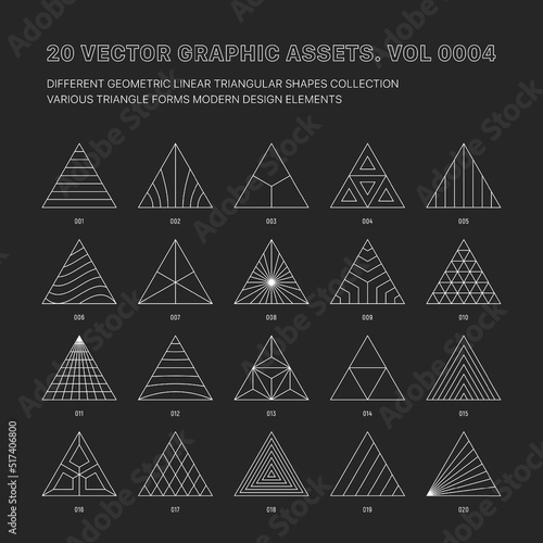 Vector Graphic Assets Various Outline Geometric Triangle Shapes Collection Isolated On Back. Linear Art Sacred Geometry Meta Modern Assorted Design Elements Set. Conceptual Symbols Trendy Illustration
