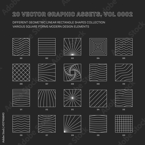 Vector Graphic Assets Various Outline Geometric Square Shapes Collection Isolate On Back. Different Grid Patterns Line Art Meta Modern Experimental Design Elements Set. Conceptual Trendy Illustration